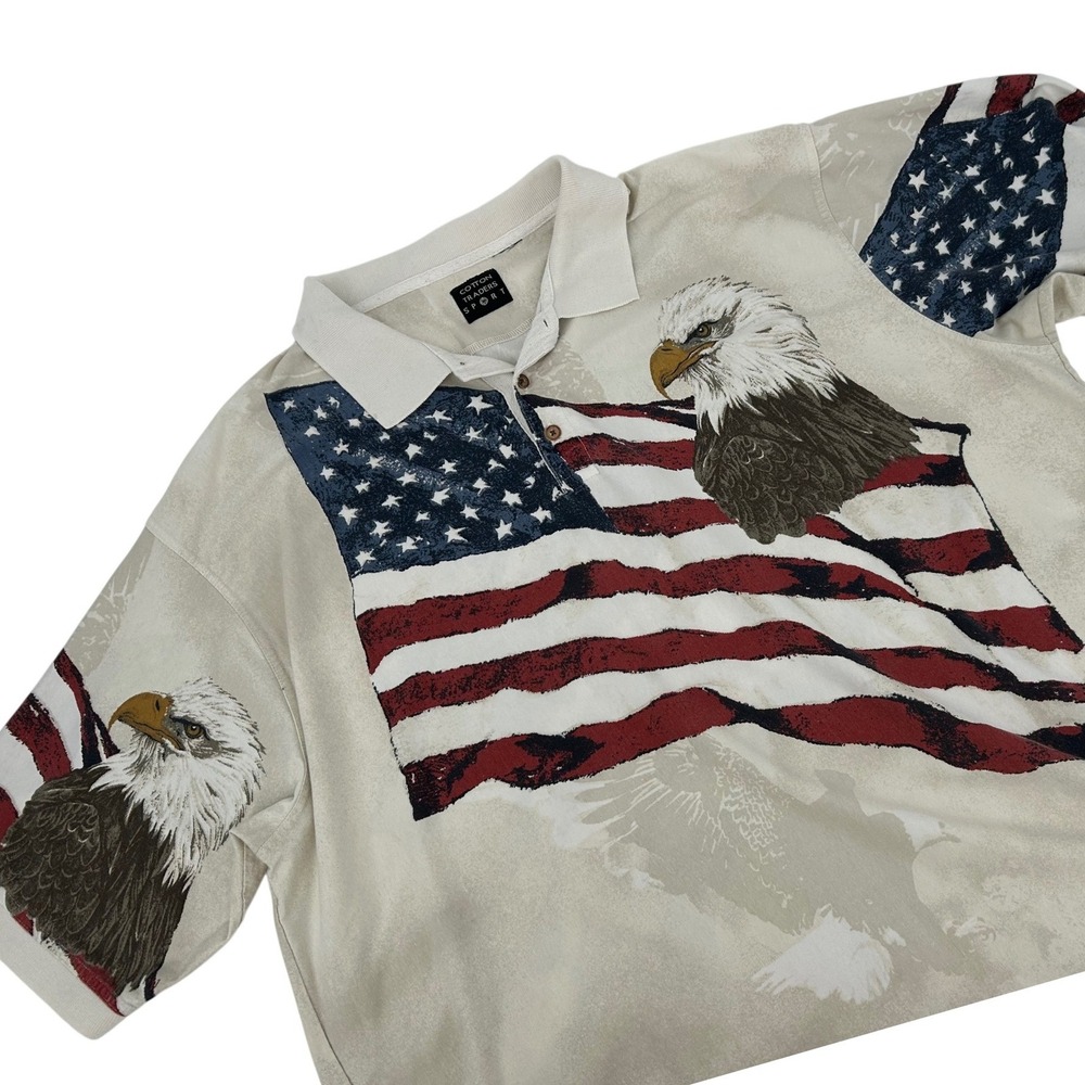 Cotton Traders Sport Mens Patriotic American Flag Bald Eagle Polo Shirt Tan XXL